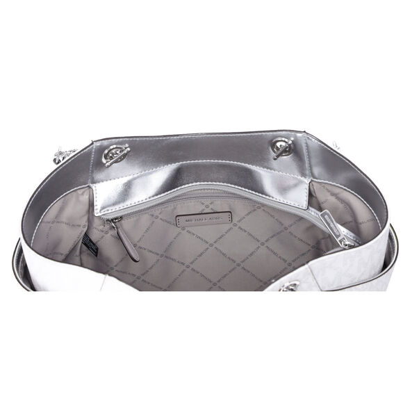 Michael Kors Jet Set Travel Large Chain Shoulder Tote White Silver MK Signature - Picture 4 of 4